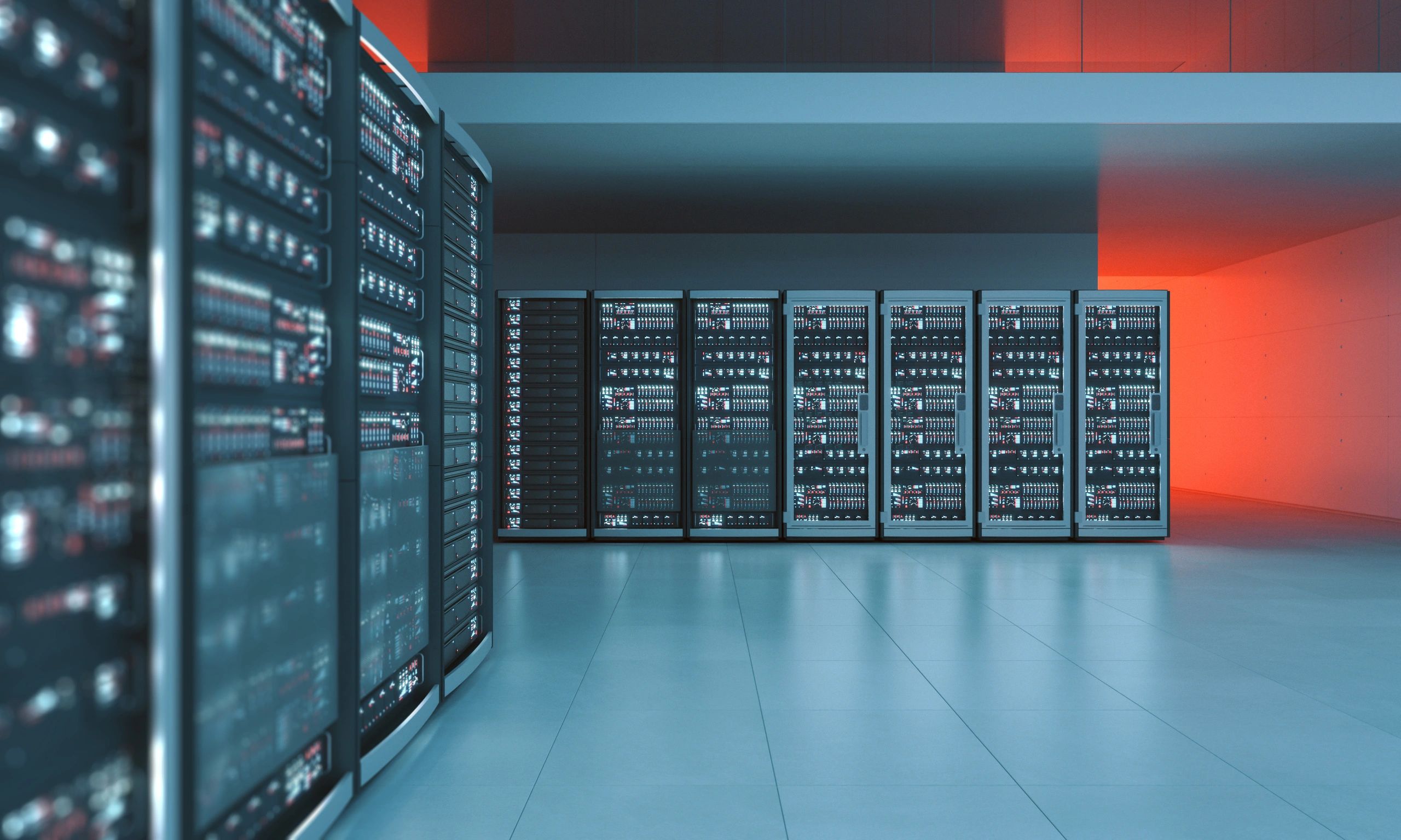 Modern data center servers with glowing lights